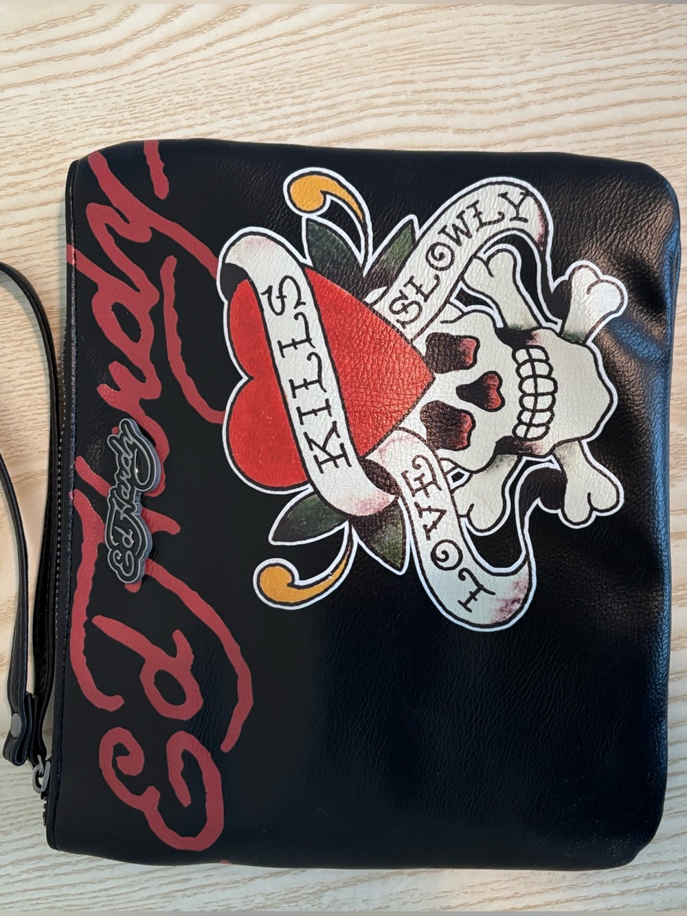 Ed Hardy Black Leather Tattoo Skull Heart Pouch with Red Accents